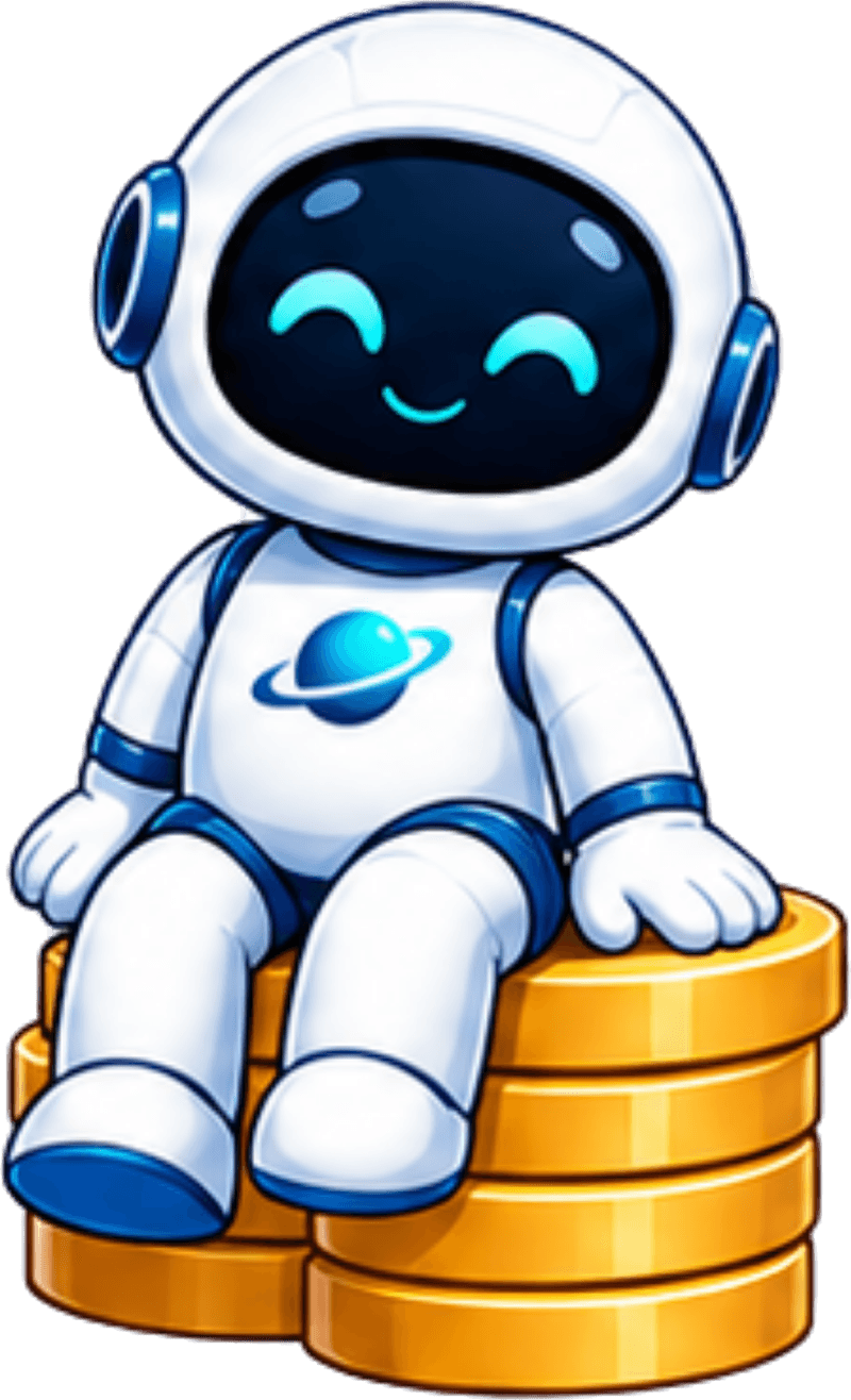 OneOrbit mascot sitting on a stack of coins