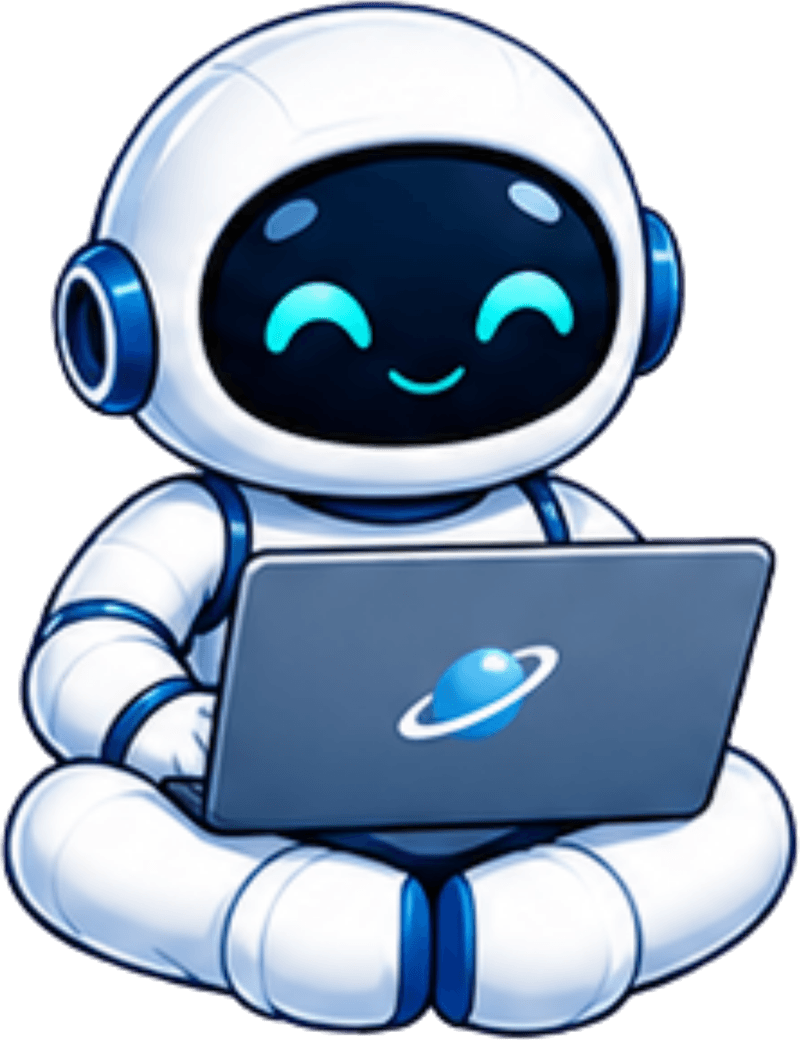 OneOrbit mascot working on a laptop