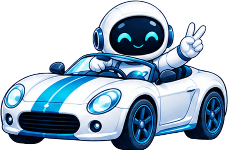 OneOrbit mascot driving a sports car
